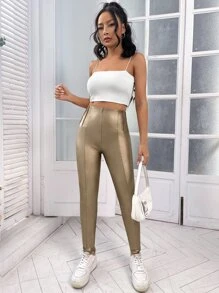 SHEIN Essnce Solid PU Leggings - Gold - View 5