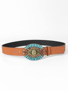Turquoise Decor Oval Buckle Belt - Brown - View 3