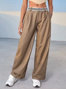 SHEIN EZwear Striped Waist Wide Leg Pants - Camel - View 1