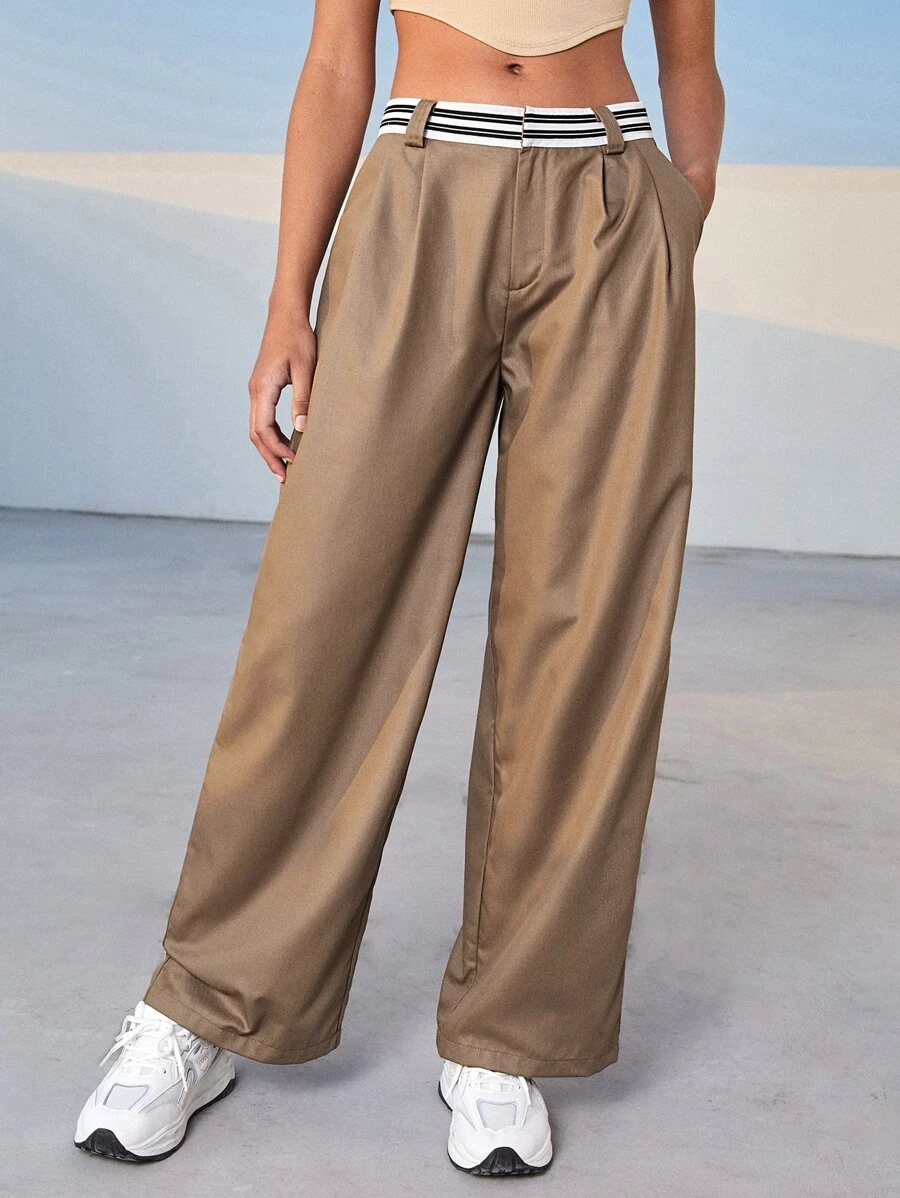 SHEIN EZwear Striped Waist Wide Leg Pants - Camel - View 1