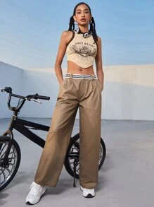 SHEIN EZwear Striped Waist Wide Leg Pants - Camel - View 2