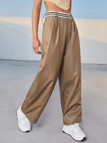 SHEIN EZwear Striped Waist Wide Leg Pants - Camel - View 4