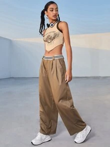 SHEIN EZwear Striped Waist Wide Leg Pants - Camel - View 6