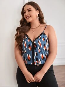 SHEIN Frenchy Plus Allover Print Guipure Lace Trim Cami Top - Dusty Blue - View 4
