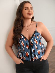 SHEIN Frenchy Plus Allover Print Guipure Lace Trim Cami Top - Dusty Blue - View 5