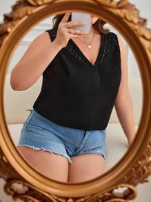 SHEIN Frenchy Plus Contrast Lace Tank Top - Black - View 1