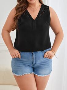 SHEIN Frenchy Plus Contrast Lace Tank Top - Black - View 3