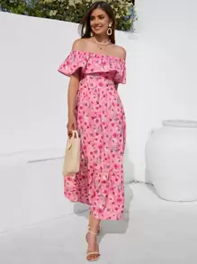 SHEIN Frenchy Vestido con estampado floral de hombros descubiertos ribete con fruncido