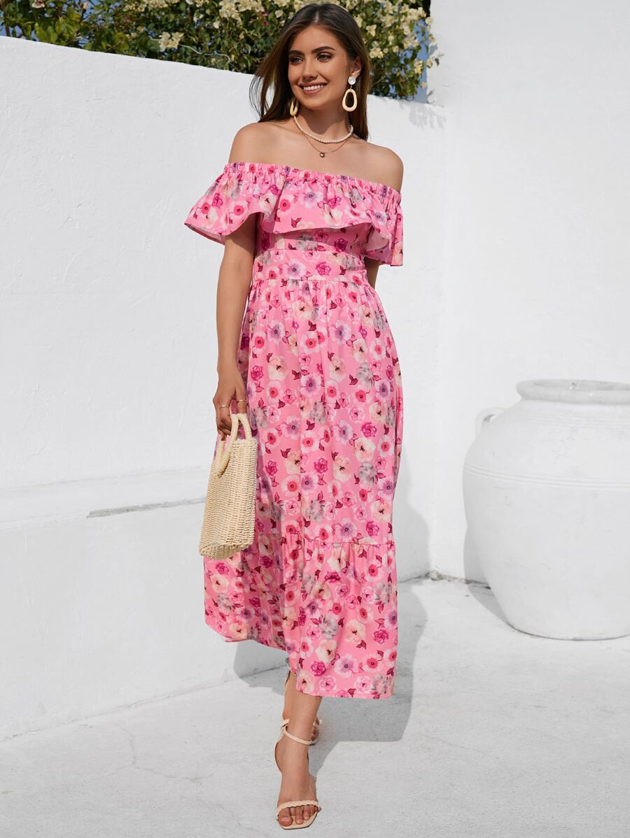 SHEIN Frenchy Vestido con estampado floral de hombros descubiertos ribete con fruncido