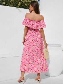 SHEIN Frenchy Vestido con estampado floral de hombros descubiertos ribete con fruncido