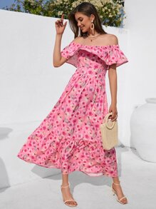 SHEIN Frenchy Vestido con estampado floral de hombros descubiertos ribete con fruncido