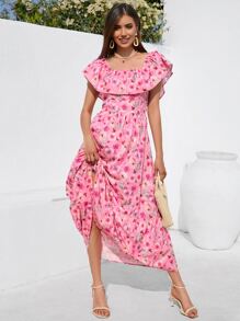 SHEIN Frenchy Vestido con estampado floral de hombros descubiertos ribete con fruncido
