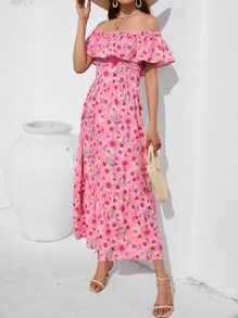SHEIN Frenchy Vestido con estampado floral de hombros descubiertos ribete con fruncido