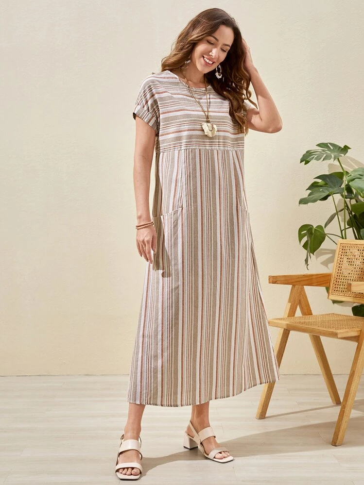 EMERY ROSE Vestido con estampado de rayas de manga murciélago con bolsillo oblicuo - Multicolor - Ver 6
