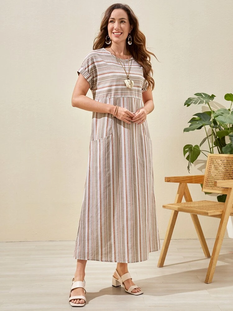 EMERY ROSE Vestido con estampado de rayas de manga murciélago con bolsillo oblicuo - Multicolor - Ver 7