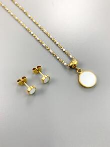 Round Charm Necklace & Stud Earrings - Yellow Gold - View 1
