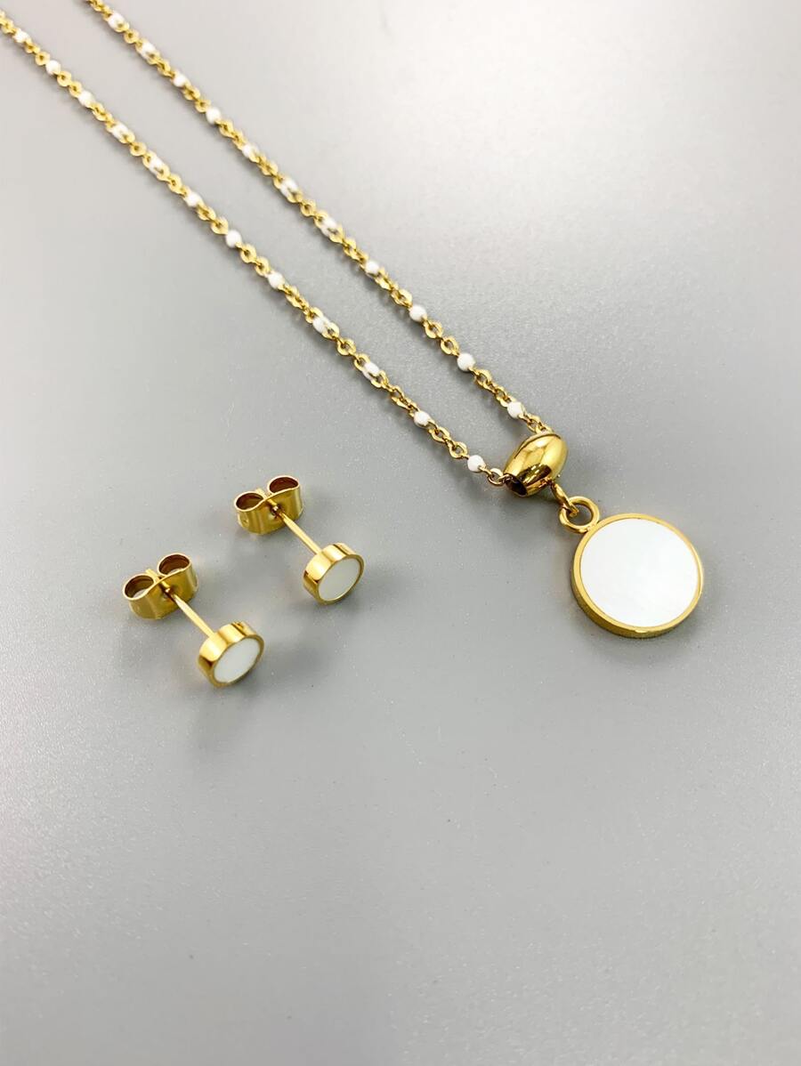 Round Charm Necklace & Stud Earrings - Yellow Gold - View 1