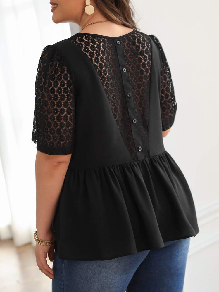 SHEIN Frenchy Áo sơ mi Plus Size Nút Tương phản ren Viên lá sen màu trơn Thanh lịch - màu đen - Xem 1