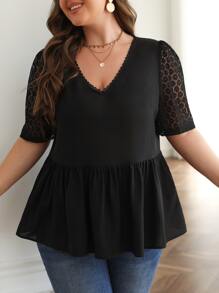 SHEIN Frenchy Plus Contrast Lace Button Back Peplum Blouse - Black - View 2