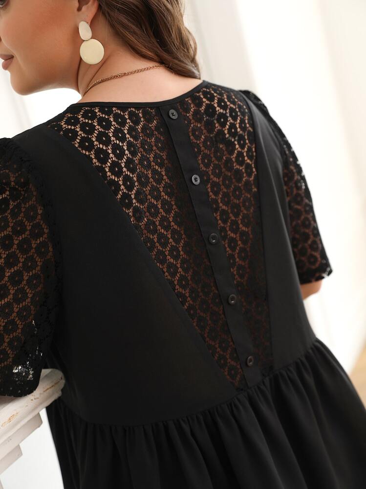 SHEIN Frenchy Áo sơ mi Plus Size Nút Tương phản ren Viên lá sen màu trơn Thanh lịch - màu đen - Xem 3