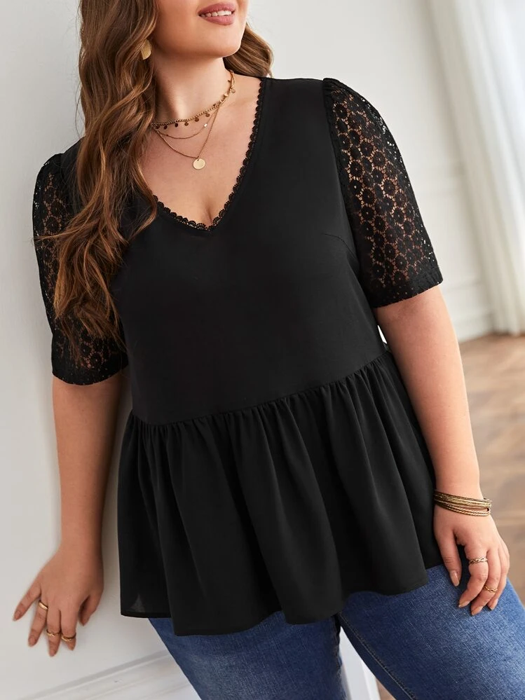 SHEIN Frenchy Áo sơ mi Plus Size Nút Tương phản ren Viên lá sen màu trơn Thanh lịch - màu đen - Xem 4
