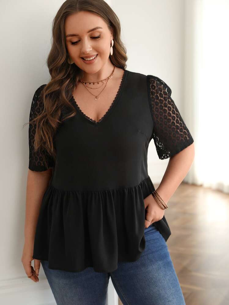 SHEIN Frenchy Áo sơ mi Plus Size Nút Tương phản ren Viên lá sen màu trơn Thanh lịch - màu đen - Xem 5