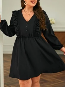 SHEIN Frenchy Plus Ruffle Trim Lantern Sleeve Dress - Black - View 1