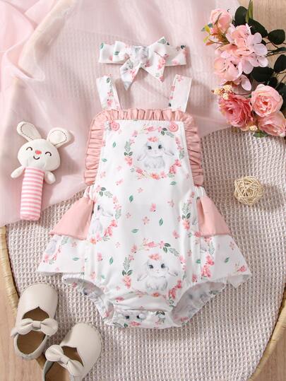 Baby Floral & Rabbit Print Ruffle Trim Bodysuit & Accessory Headband