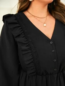 SHEIN Frenchy Plus Ruffle Trim Lantern Sleeve Dress - Black - View 2