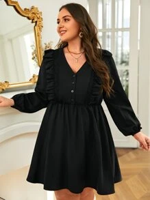 SHEIN Frenchy Plus Ruffle Trim Lantern Sleeve Dress - Black - View 3