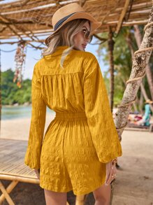 SHEIN VCAY Lantern Sleeve Knot Front Shirt Romper - Mustard Yellow - View 2