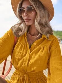 SHEIN VCAY Lantern Sleeve Knot Front Shirt Romper - Mustard Yellow - View 3