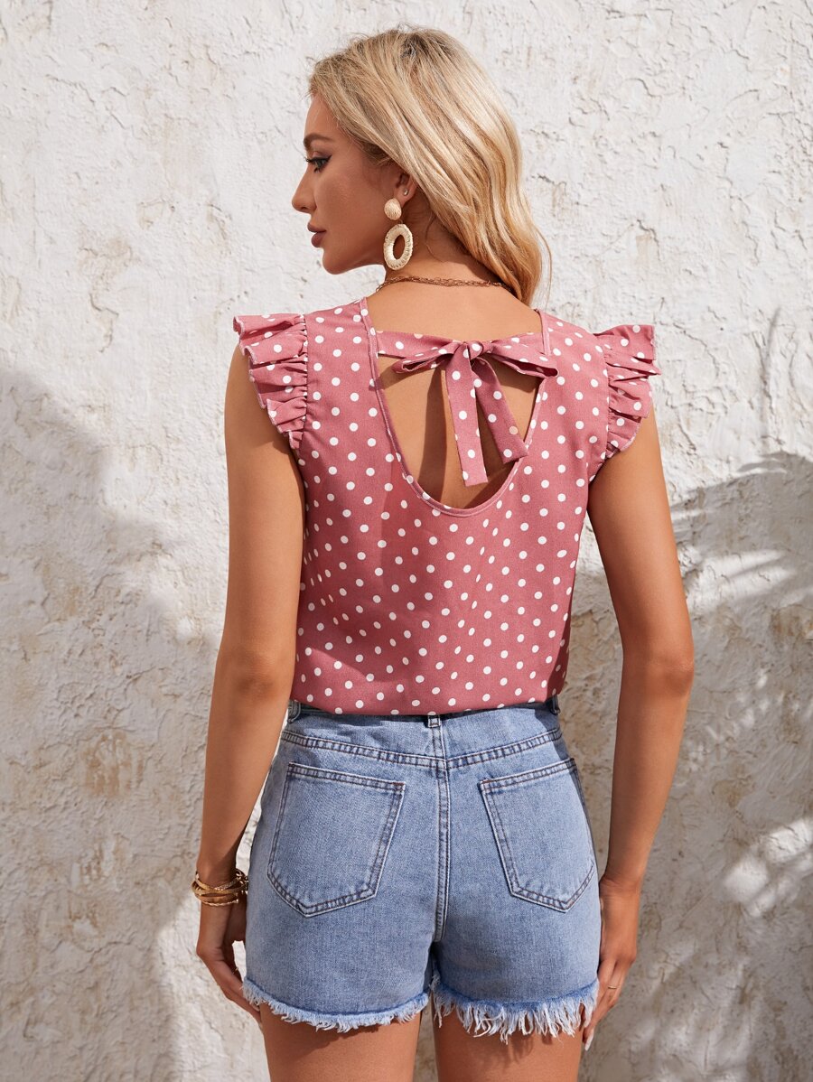 SHEIN LUNE Áo sơ mi nữ Xù Buộc lại Chấm bi Giải trí - Bụi hồng - Xem 1