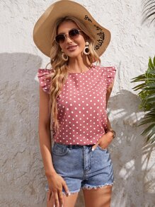 SHEIN LUNE Áo sơ mi nữ Xù Buộc lại Chấm bi Giải trí - Bụi hồng - Xem 2