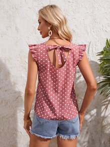 SHEIN LUNE Áo sơ mi nữ Xù Buộc lại Chấm bi Giải trí - Bụi hồng - Xem 3