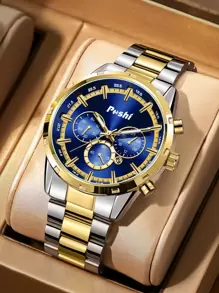 Poshi 1 件豪华不锈钢表带大表盘男士日历石英手表 - 藏蓝色 - 查看 1