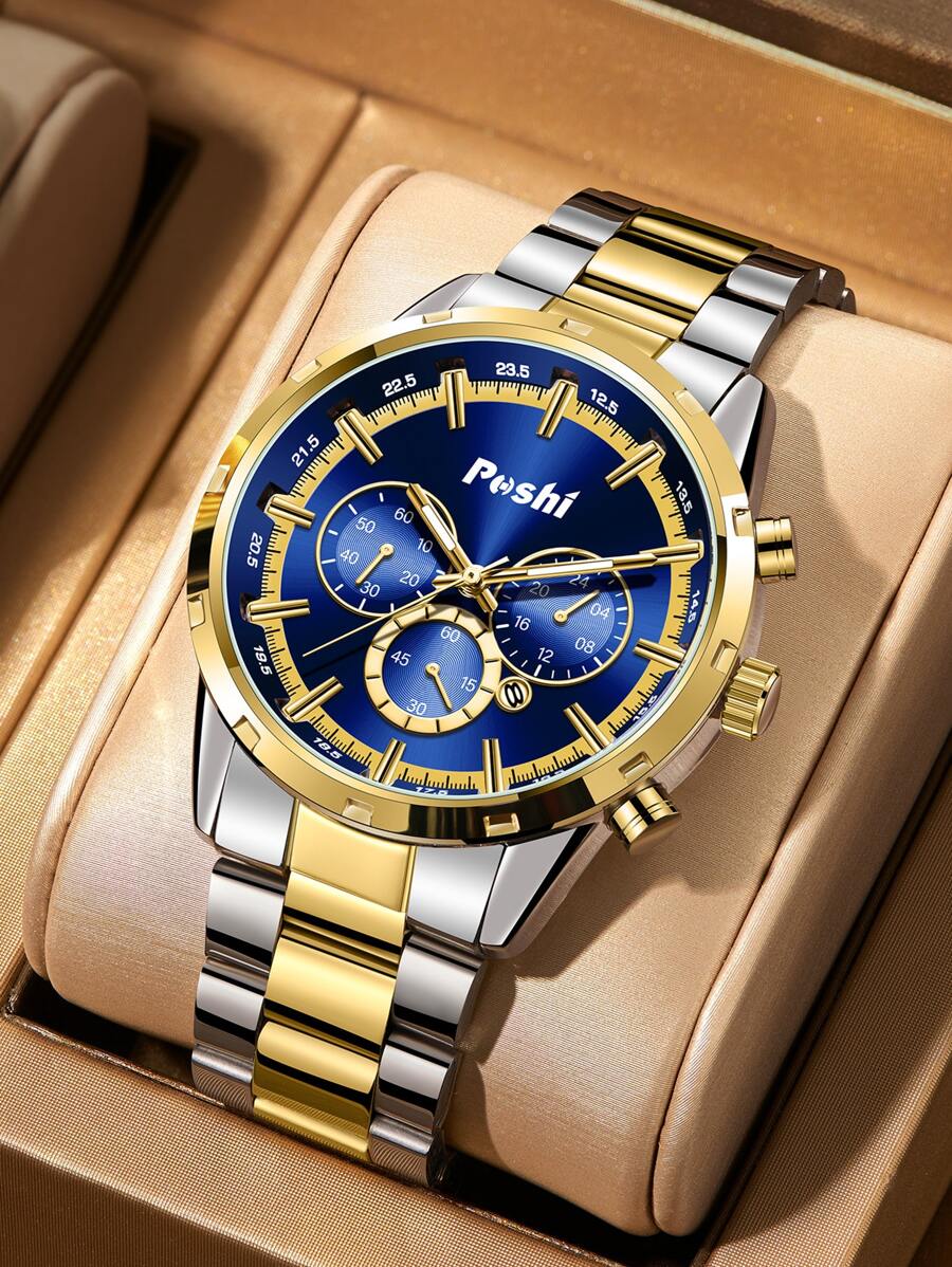 Poshi 1 件豪华不锈钢表带大表盘男士日历石英手表 - 藏蓝色 - 查看 1