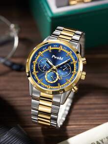 Poshi 1 件豪华不锈钢表带大表盘男士日历石英手表 - 藏蓝色 - 查看 2