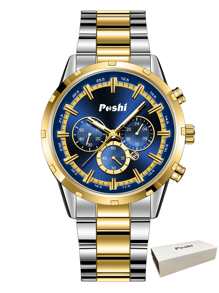 Poshi 1 件豪华不锈钢表带大表盘男士日历石英手表 - 藏蓝色 - 查看 3