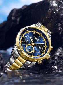 Poshi 1 件豪华不锈钢表带大表盘男士日历石英手表 - 藏蓝色 - 查看 4