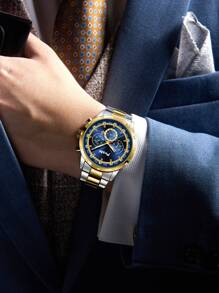 Poshi 1 件豪华不锈钢表带大表盘男士日历石英手表 - 藏蓝色 - 查看 5