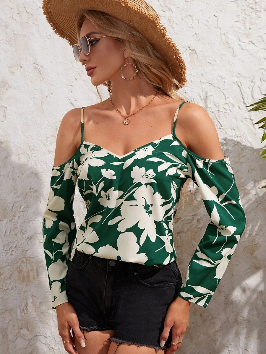 SHEIN VCAY Cold Shoulder Floral Print Top - Green - View 1