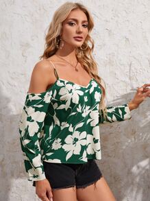 SHEIN VCAY Cold Shoulder Floral Print Top - Green - View 3