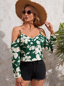 SHEIN VCAY Cold Shoulder Floral Print Top - Green - View 5