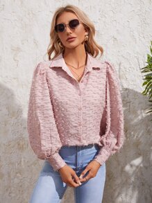 SHEIN VCAY Button Front Fringe Lantern Sleeve Shirt - Dusty Pink - View 1