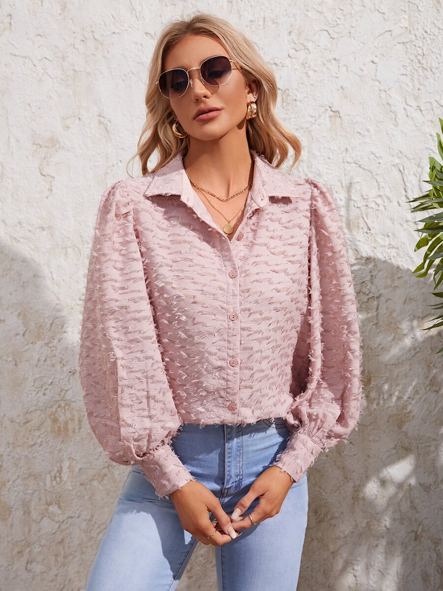 SHEIN VCAY Button Front Fringe Lantern Sleeve Shirt - Dusty Pink - View 1