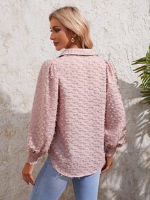 SHEIN VCAY Button Front Fringe Lantern Sleeve Shirt - Dusty Pink - View 2