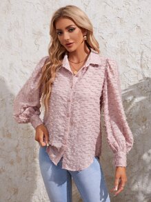 SHEIN VCAY Button Front Fringe Lantern Sleeve Shirt - Dusty Pink - View 3