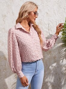 SHEIN VCAY Button Front Fringe Lantern Sleeve Shirt - Dusty Pink - View 5