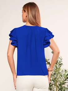 SHEIN Clasi 繫帶領蝴蝶袖上衣 - 藍色 - 查看 2